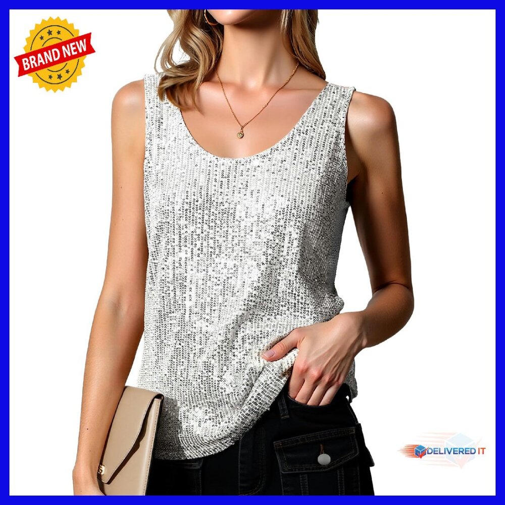 Sequin Sleeveless Scoop Neck Tank Top Sparkle Shimmer Party Wear